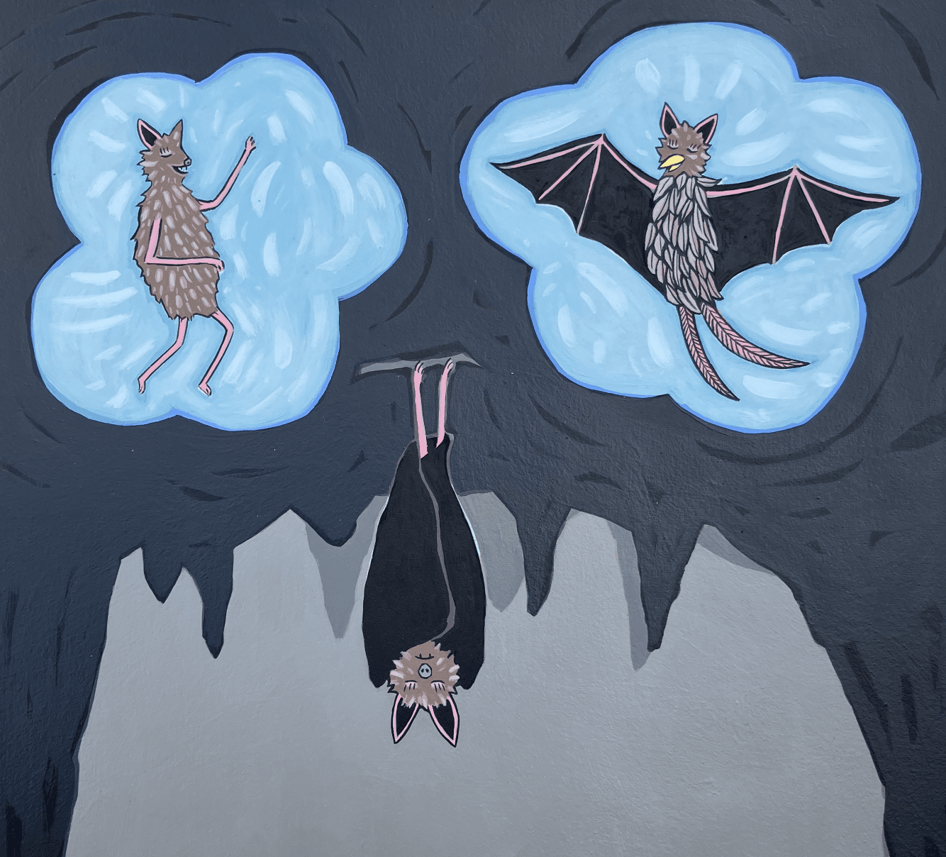 A lone bat dreaming of losing its wings or its fur