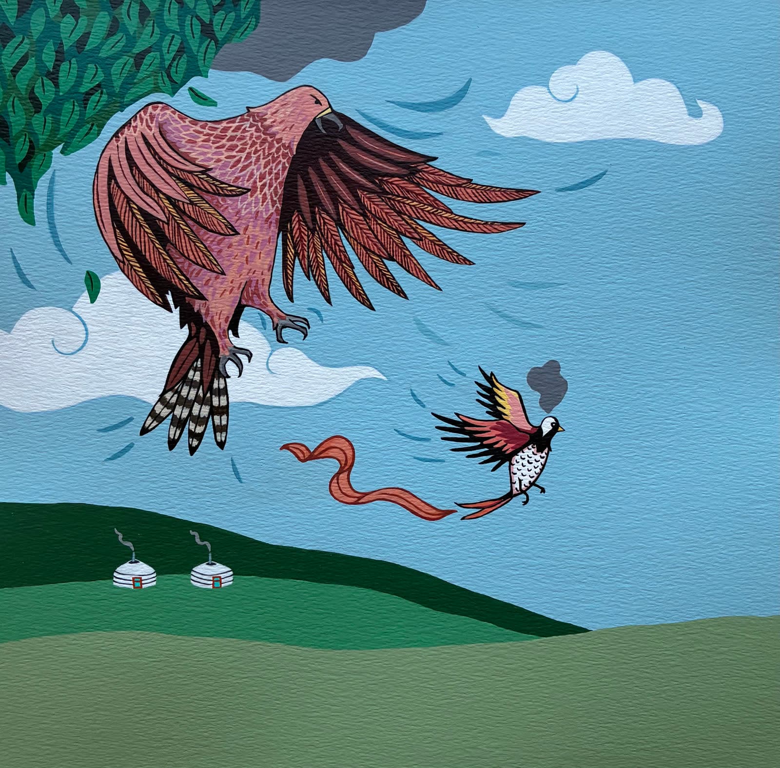 The birds gathering — eagle and birds in a dramatic sky