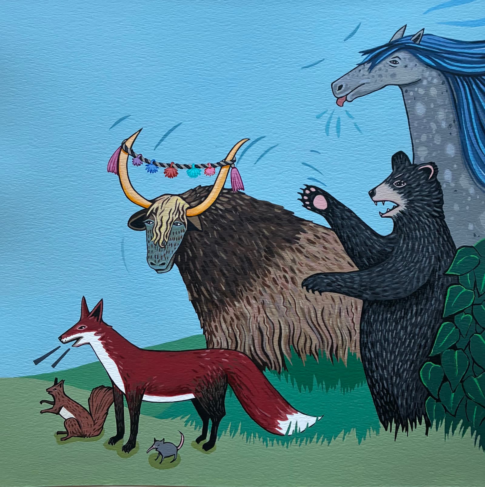 The land animals gathering — yak, bear, fox, horse, squirrel, and mouse