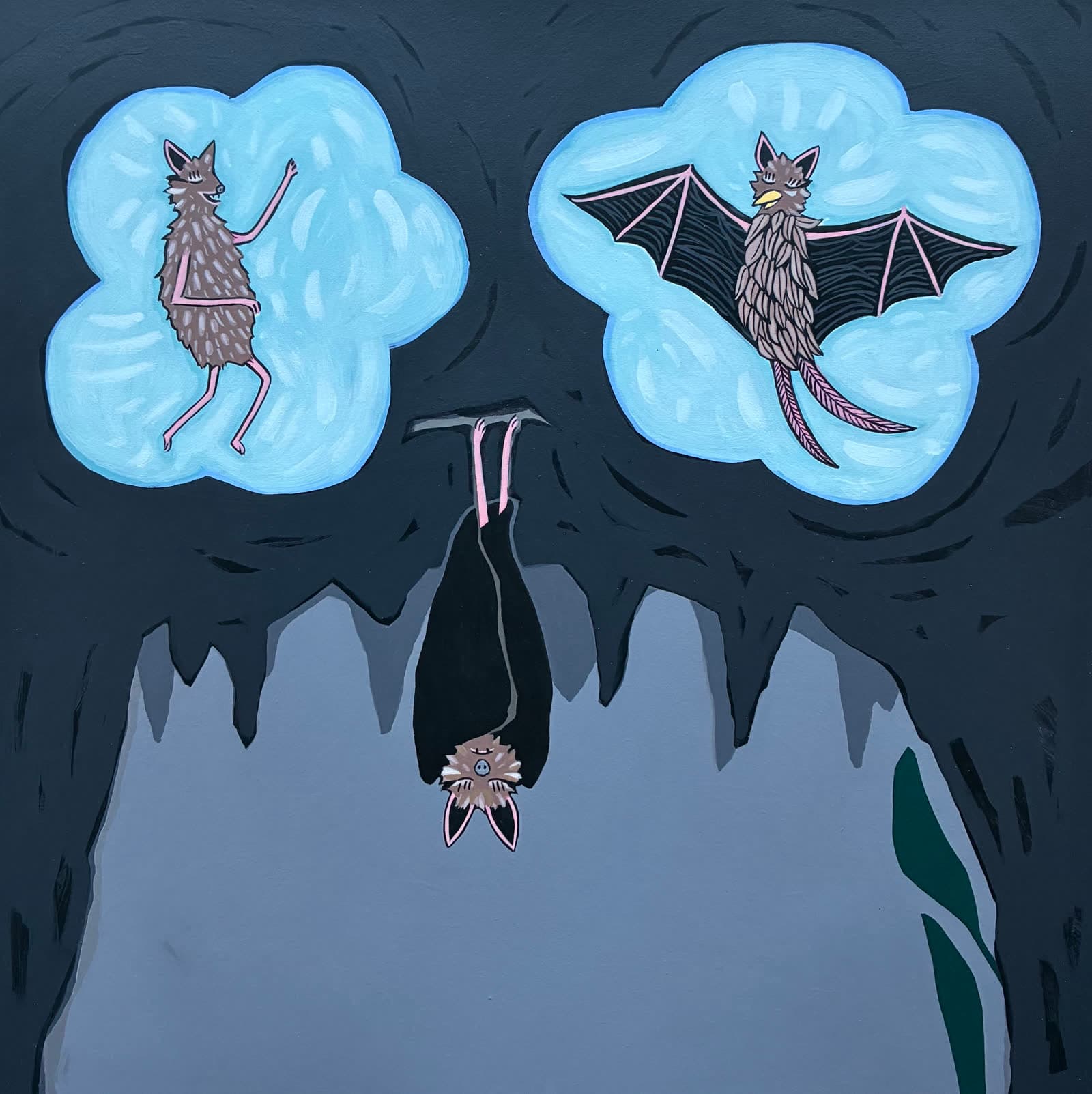 A bat hanging in a cave, dreaming of both worlds